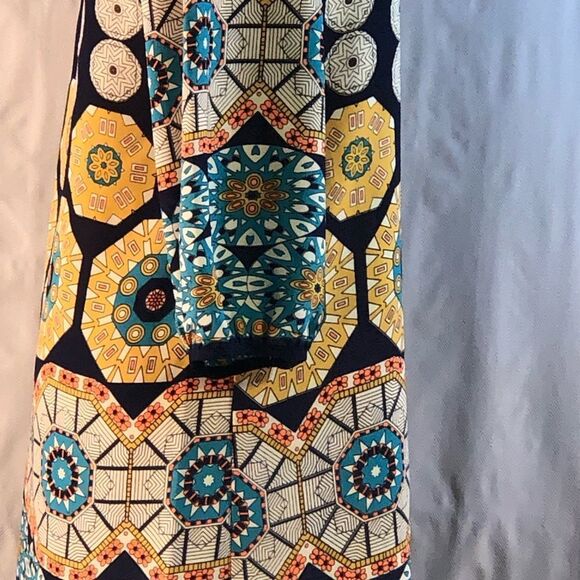 Millibon Navy Teal Gold Geometric Lightweight Scoop Back Sheath Dress M - Picture 6 of 9